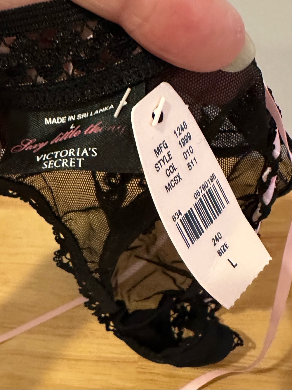 NWT Victoria's Secret Black Lace Bikini Panty with Pink Trim size large